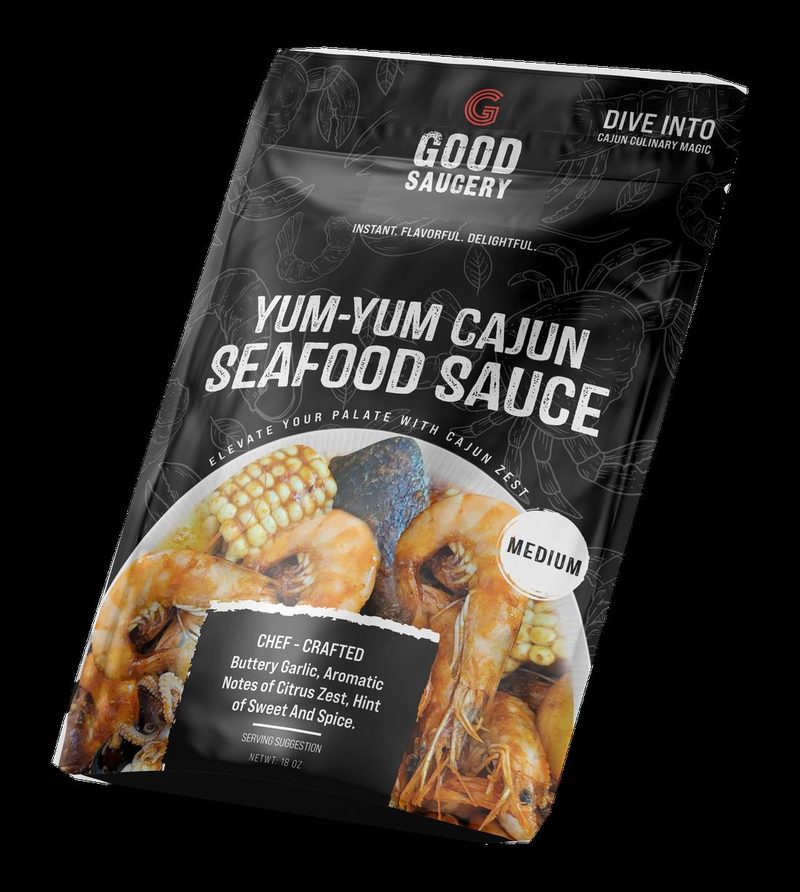 Full front of the black Yum-Yum Cajun Seafood Sauce Medium pouch