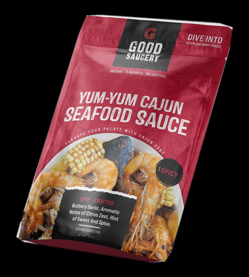 Full front of the red Yum-Yum Cajun Seafood Sauce Spicy pouch