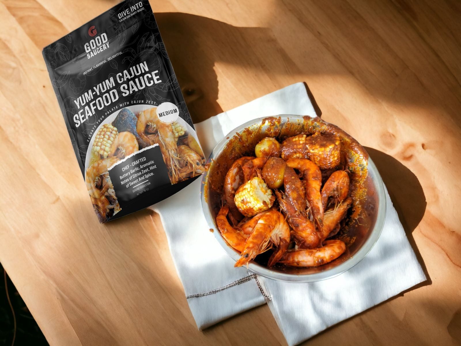 Yum-Yum Cajun Medium pouch beside a finished bowl of glossy shrimp and vegetables